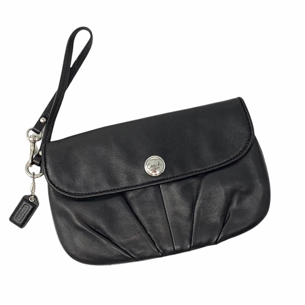 Coach Black Leather Pleated Flap Wristlet Clutch